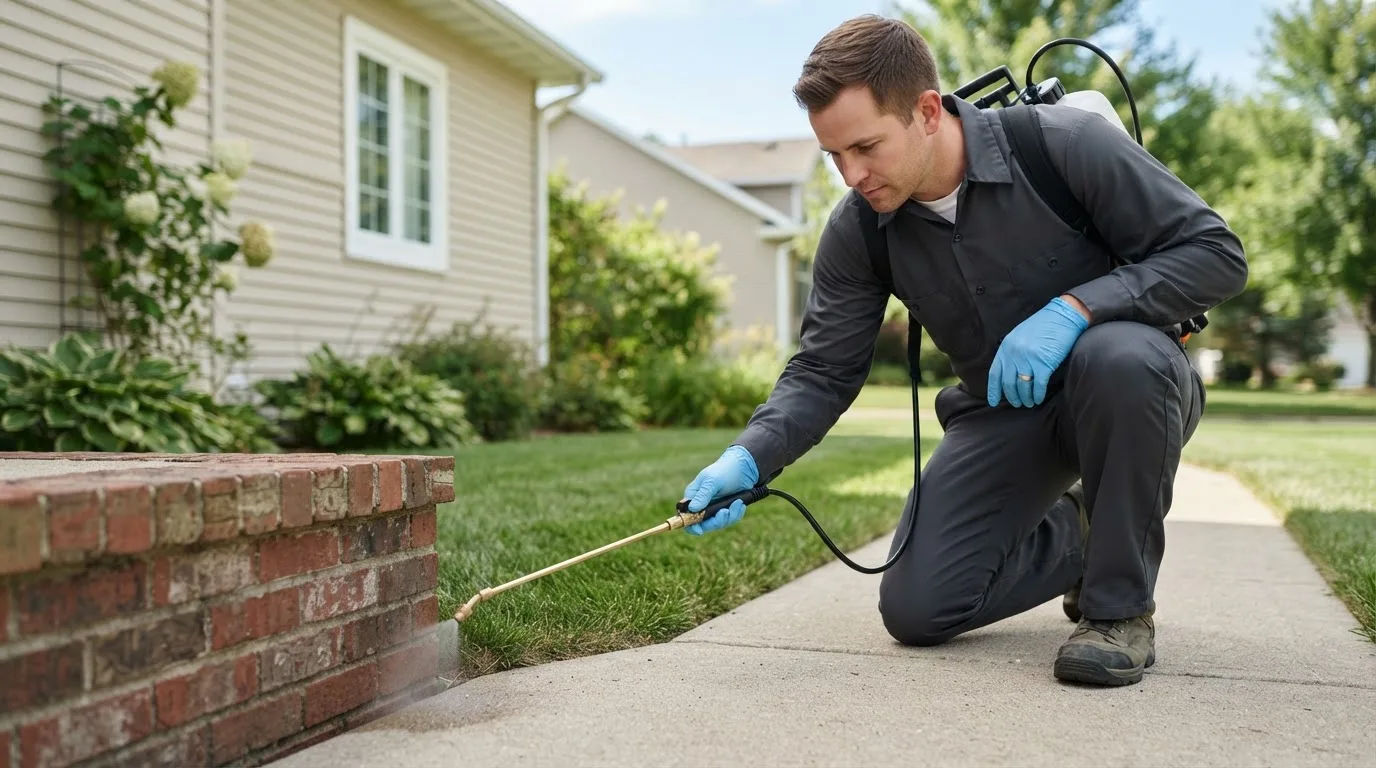Pest control technician treating a home near Pryor, OK