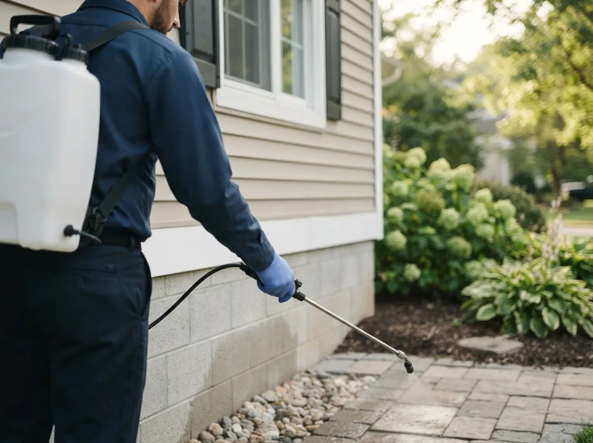 Pest control technician inspecting a home in Pryor, OK